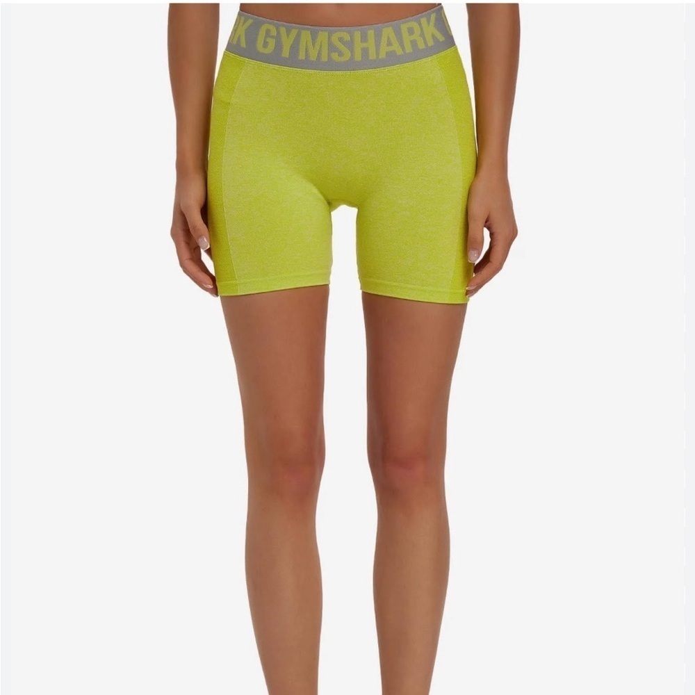 Gymshark Flex Shorts, Sz. S, Gray waistband, greenish yellow shorts, 3” inseam